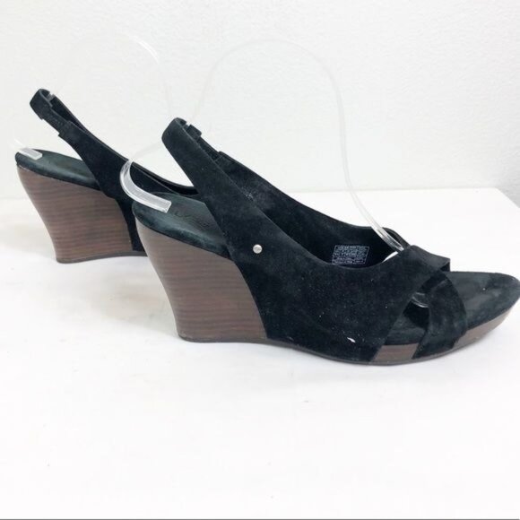 Ugg Hazel Black Suede Platform Wedge Sandals Size 9.5 Wooden Heel Open Toe - Picture 4 of 7